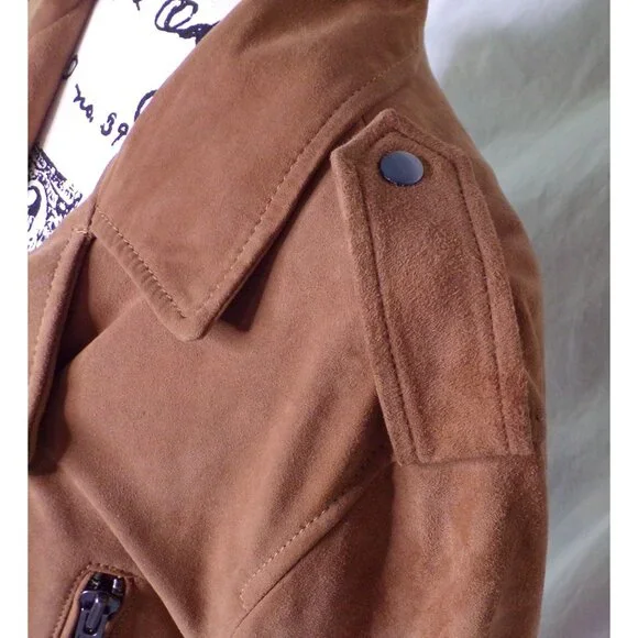 🆕OPEN EDIT from Nordstrom Suede Leather Moto Jacket Medium Camel Brown - Picture 8 of 12